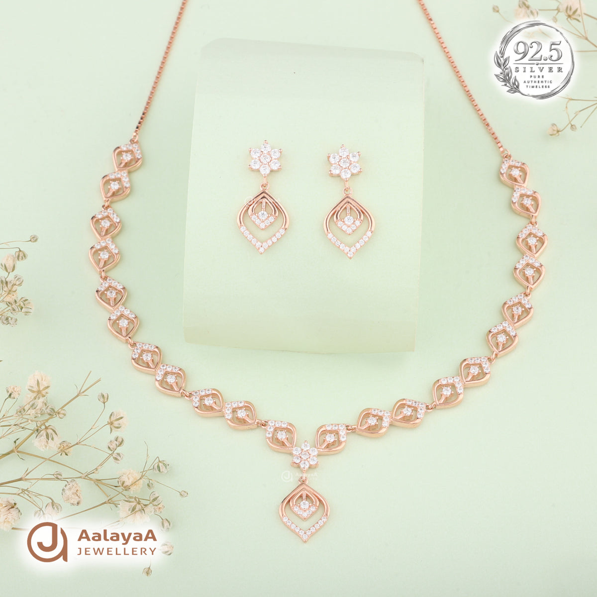 Silver Rose Gold Isadora Diamond Leaf Necklace Set