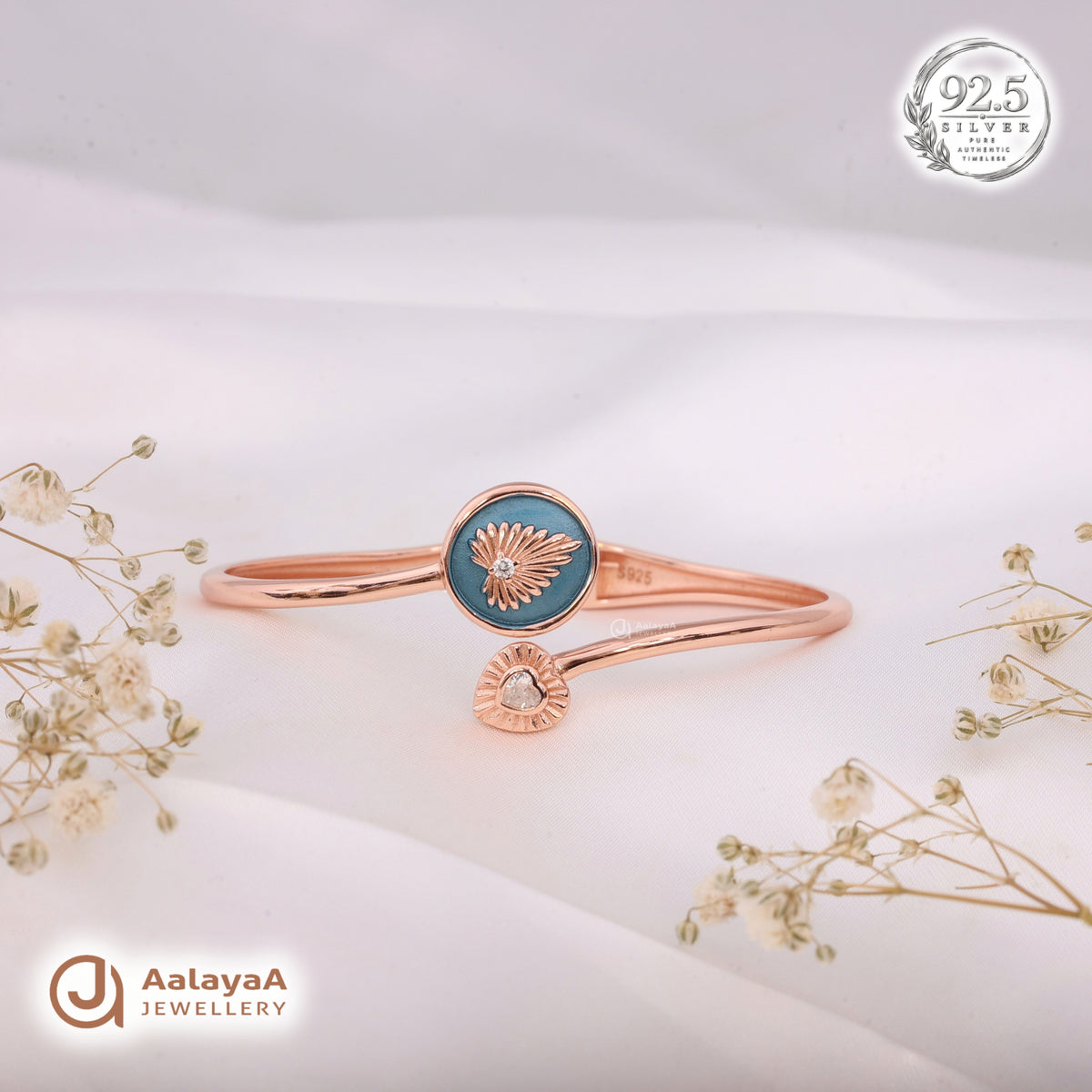 Silver Rosegold Blue Heart Bloom Kada