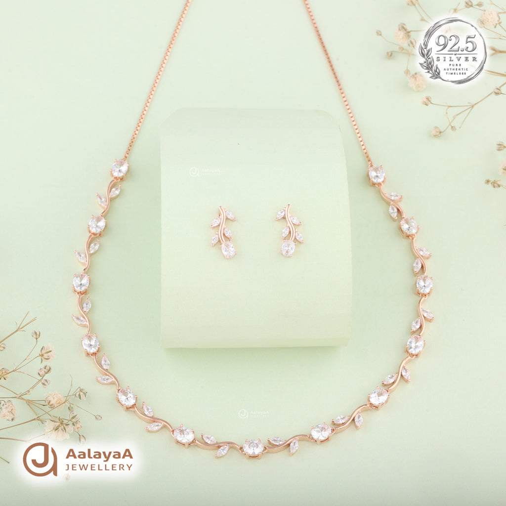 Silver Rose Gold Vinesha Leaf Necklace Set