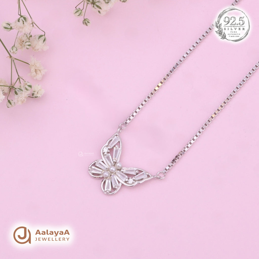 Silver Crystal Pearl Butterfly Chain Pendant
