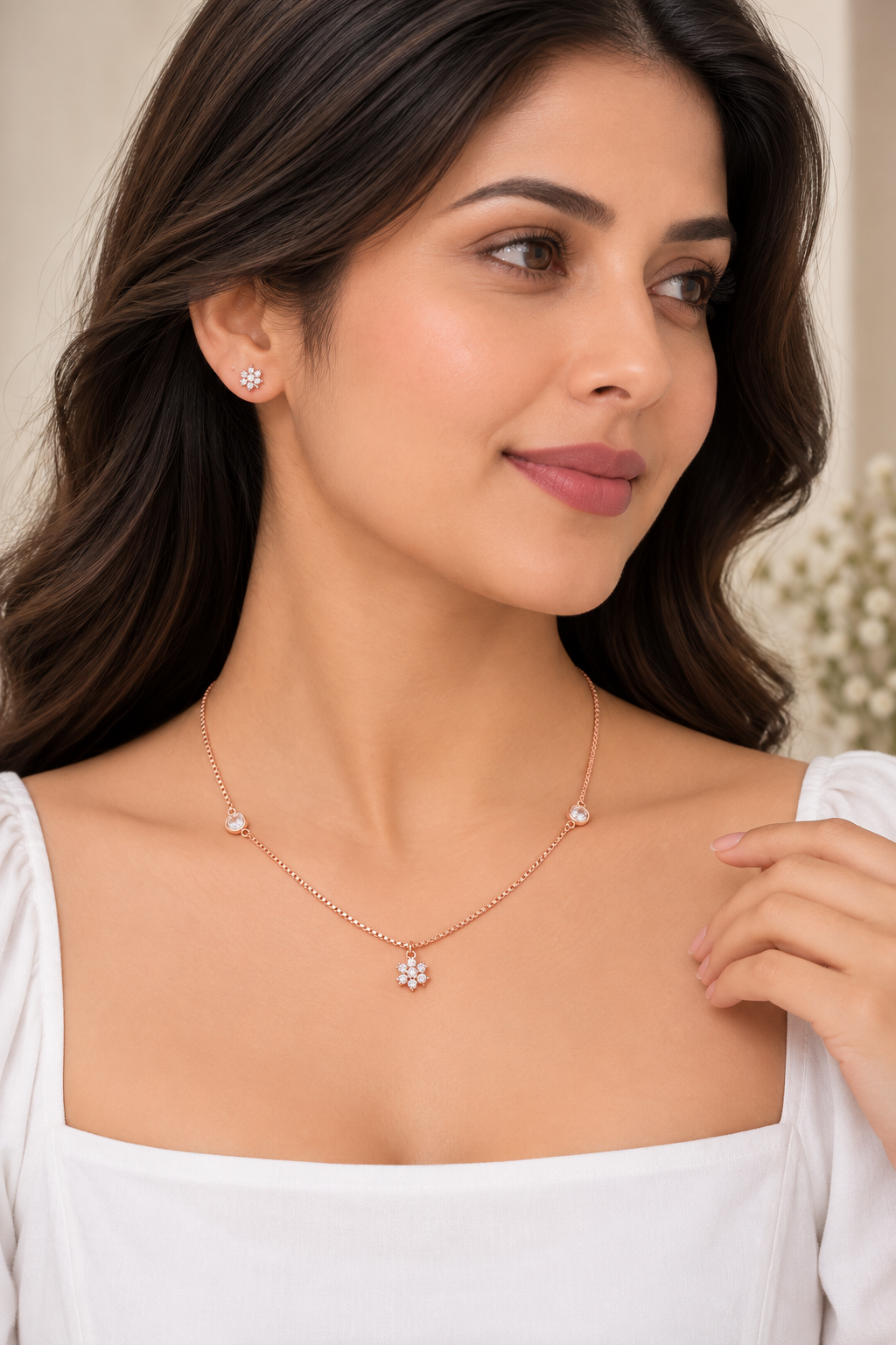 Silver Rosegold Blossom Solitaire Necklace Set