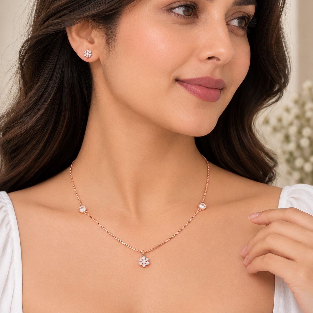 Silver Rosegold Blossom Solitaire Necklace Set