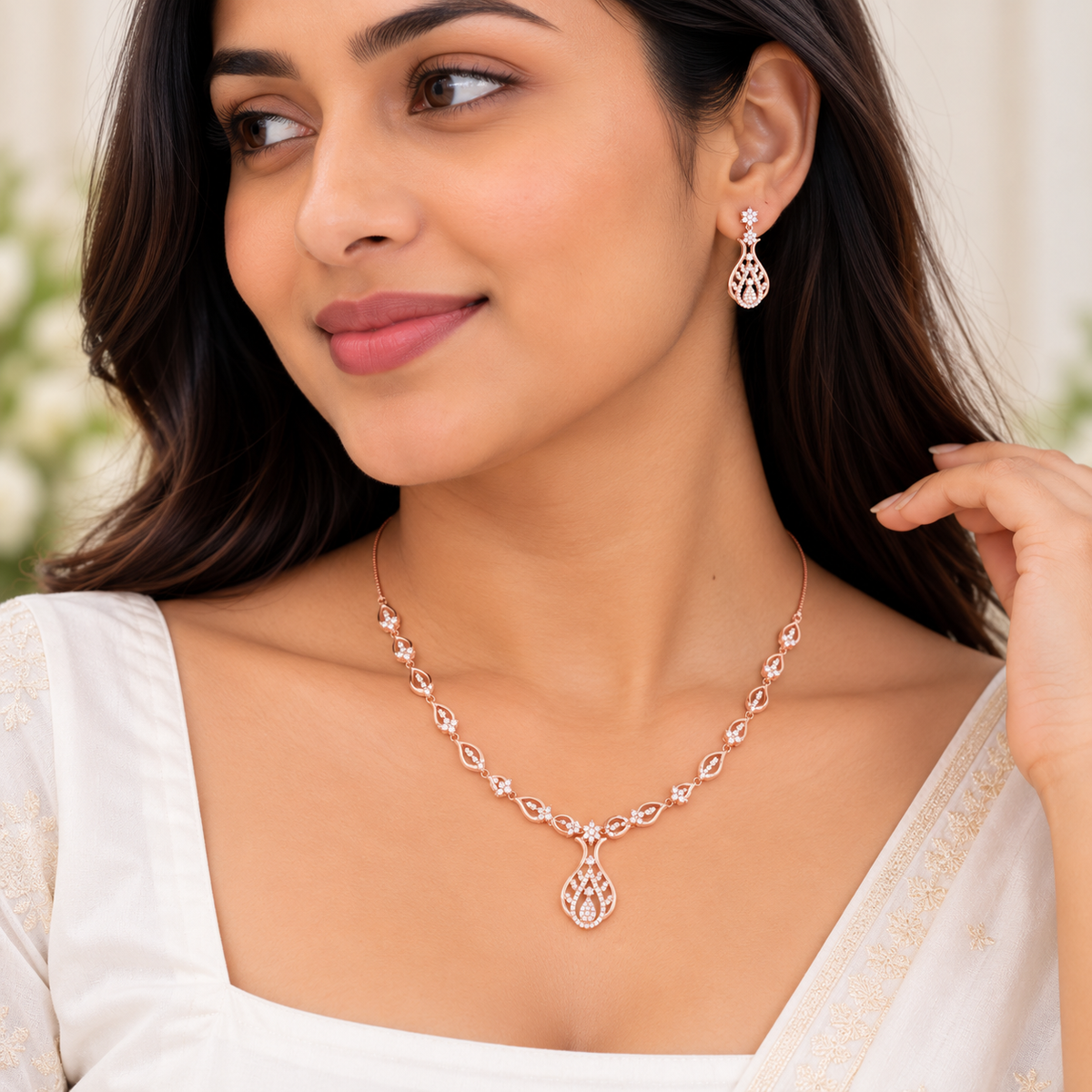 Silver Rose Gold Avira Teardrop Necklace Set