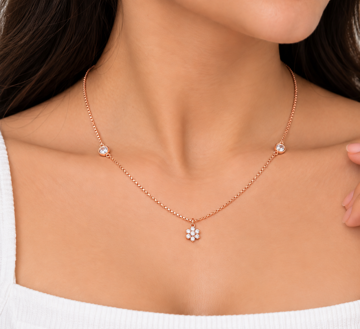 Silver Rosegold Blossom Solitaire Necklace Set