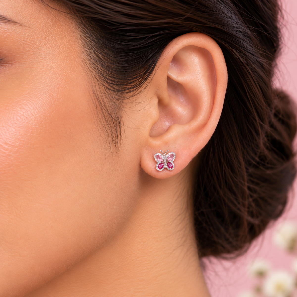 Silver Ruby Butterfly Earring