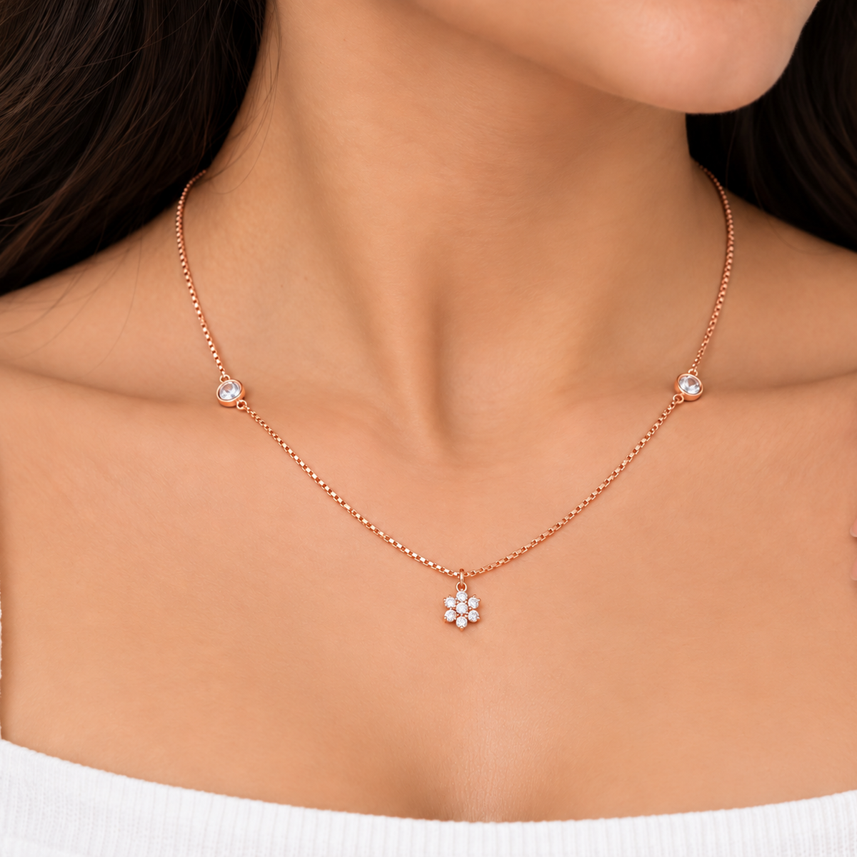 Silver Rosegold Blossom Solitaire Necklace Set
