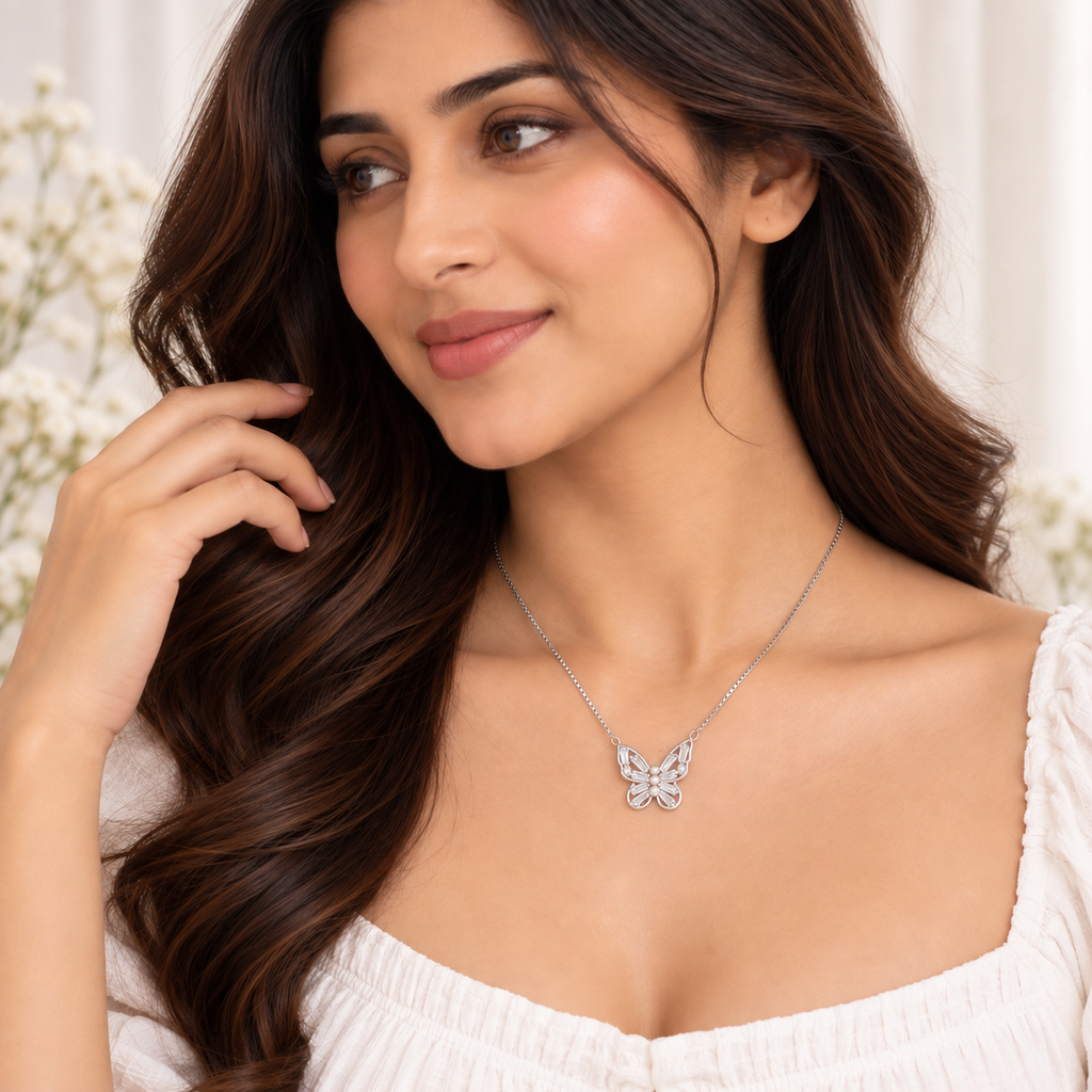 Silver Crystal Pearl Butterfly Chain Pendant