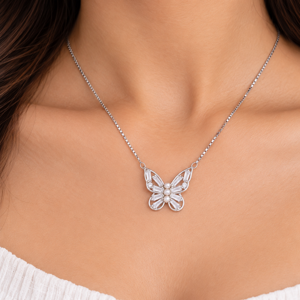 Silver Crystal Pearl Butterfly Chain Pendant