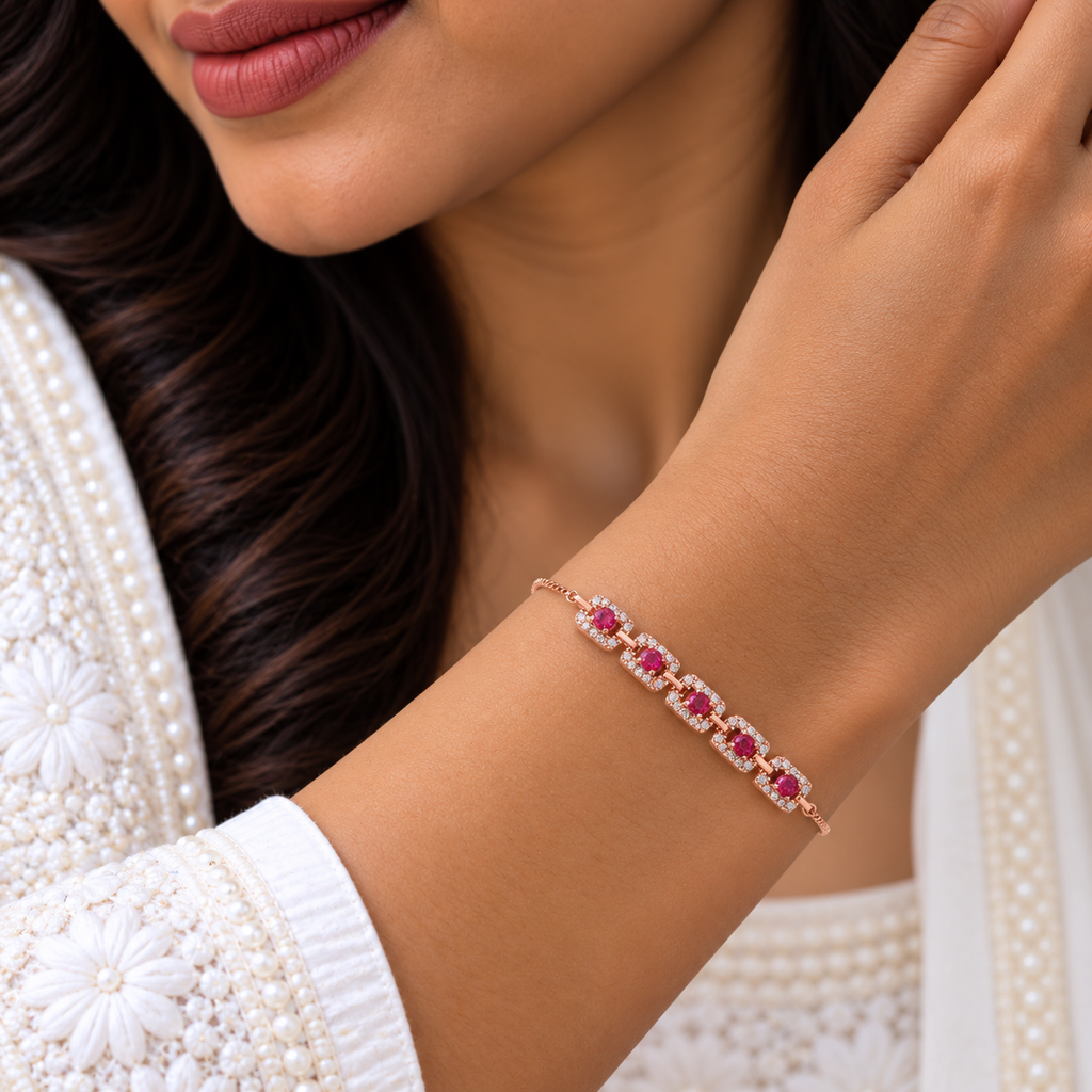Silver Rosegold Ruby Crystal Bar Bracelet