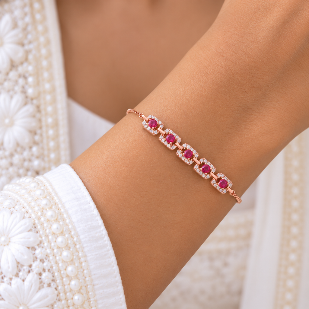 Silver Rosegold Ruby Crystal Bar Bracelet