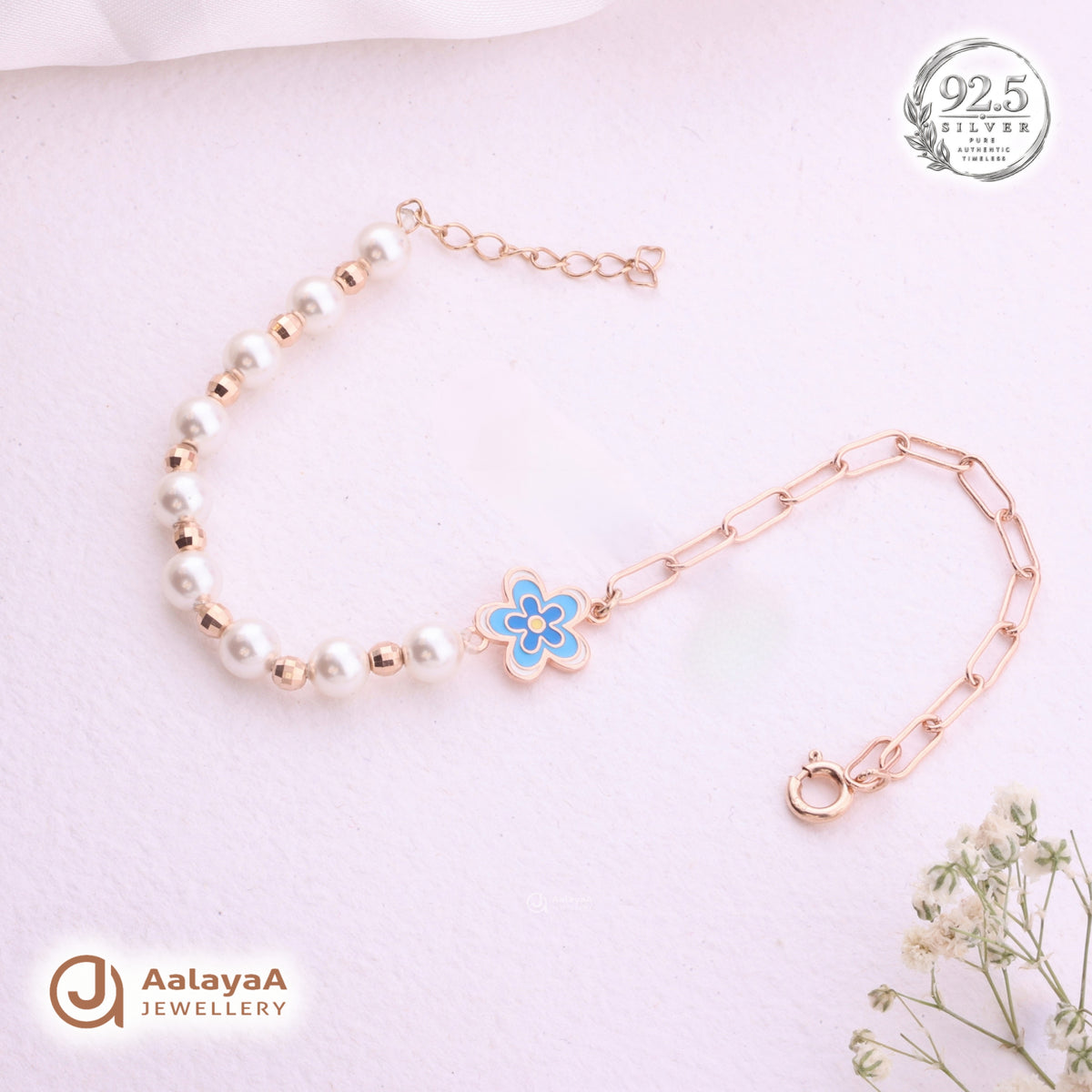 Silver Rosegold Blue Blossom Pearl Bracelet