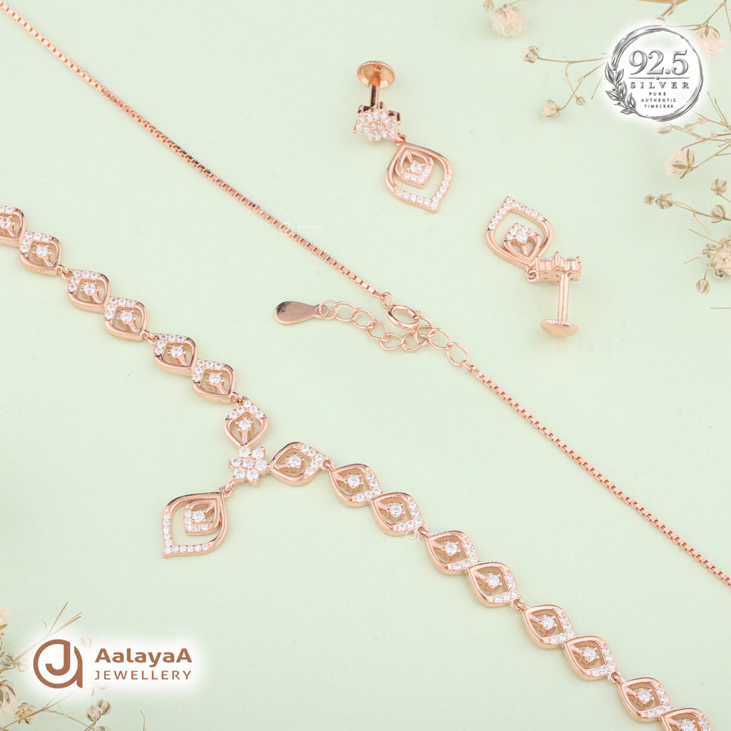 Silver Rose Gold Isadora Diamond Leaf Necklace Set