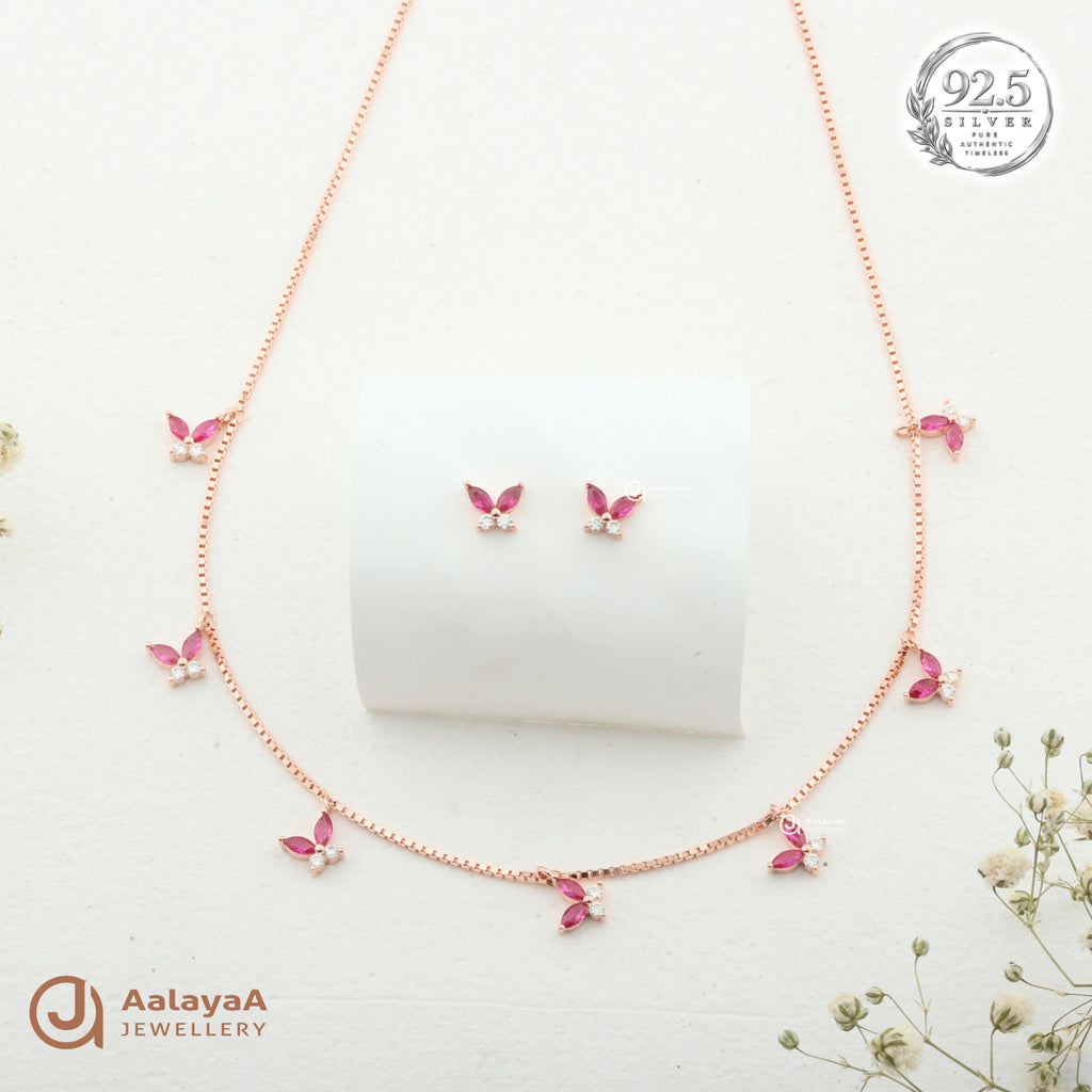 Silver RoseGold Roselle Pink Butterfly Necklace Set