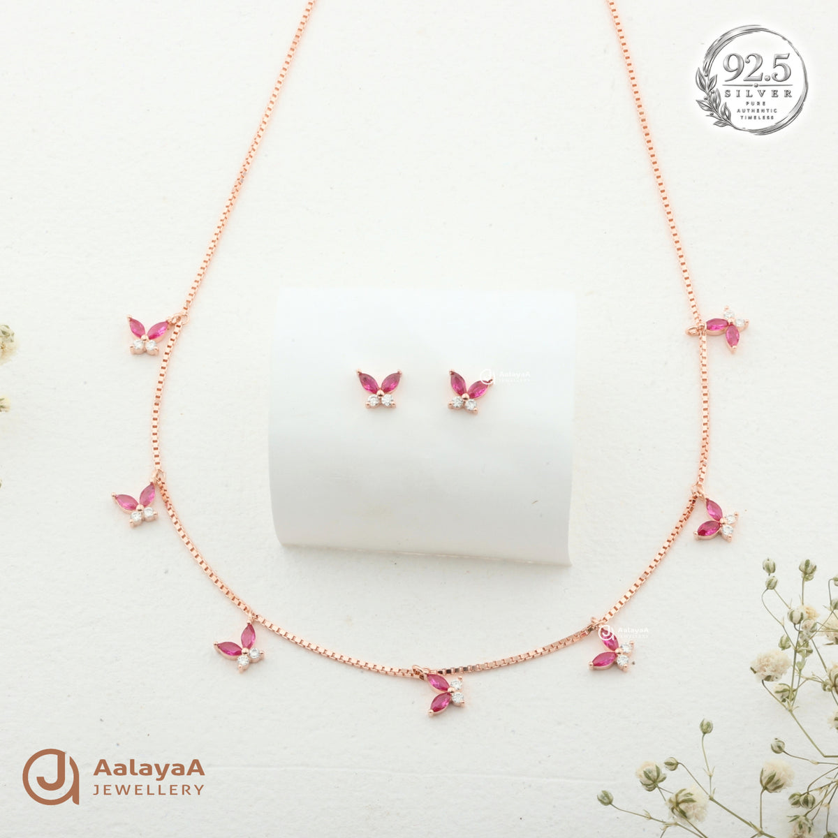 Silver RoseGold Roselle Pink Butterfly Necklace Set