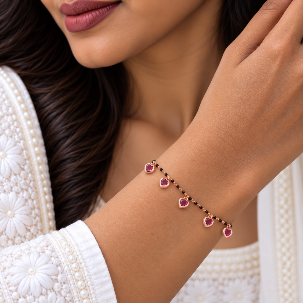 Silver Rosegold Ruby Heart Charm Bracelet