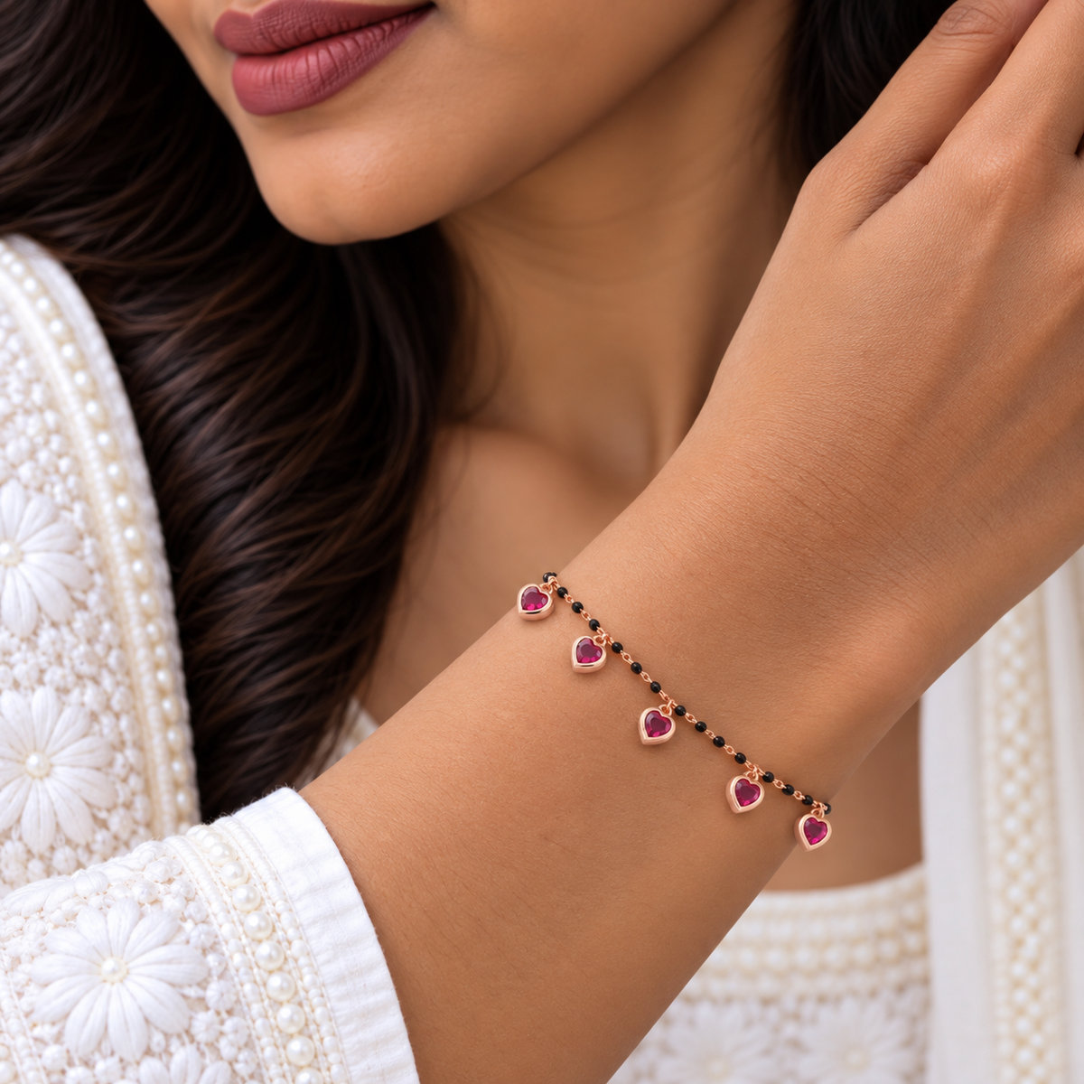 Silver Rosegold Ruby Heart Charm Bracelet