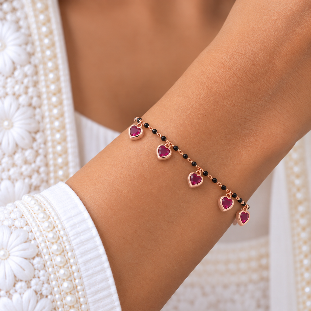 Silver Rosegold Ruby Heart Charm Bracelet