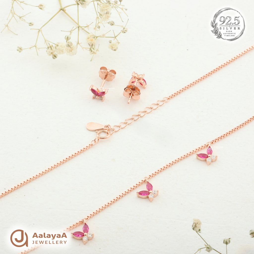 Silver RoseGold Roselle Pink Butterfly Necklace Set