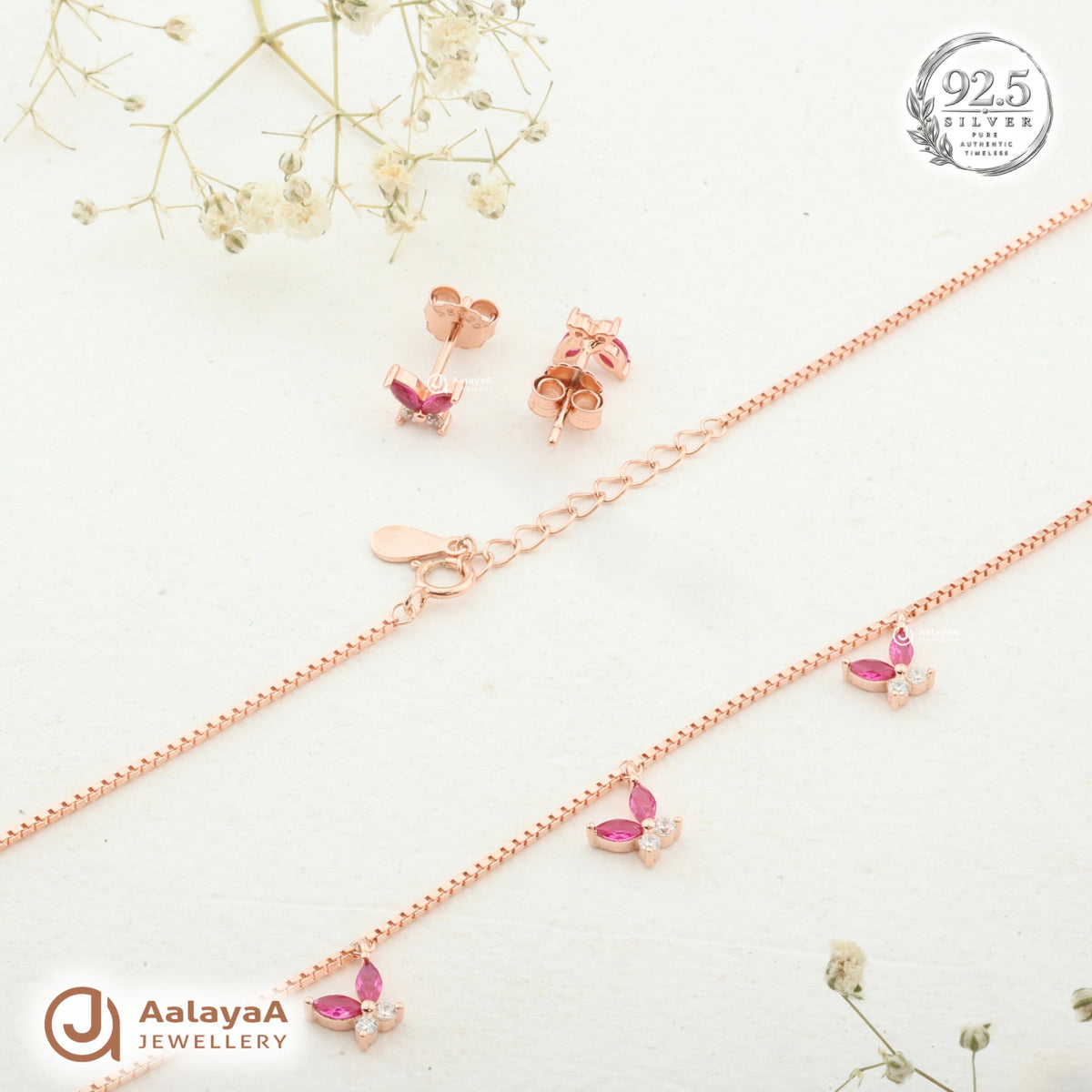 Silver RoseGold Roselle Pink Butterfly Necklace Set