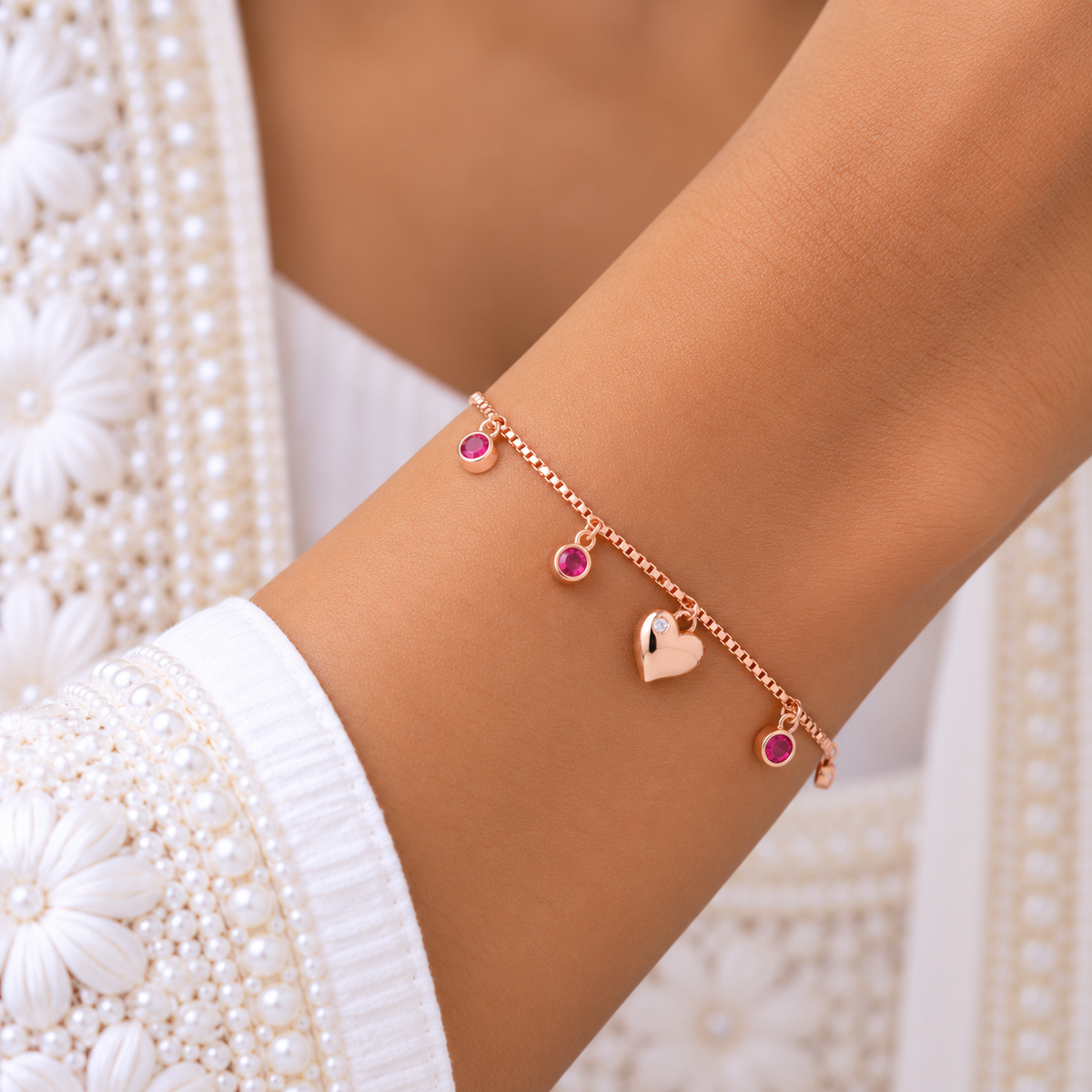 Silver Rosegold Ruby Heart Drop Bracelet