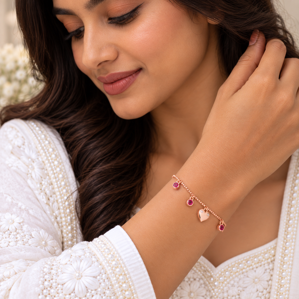 Silver Rosegold Ruby Heart Drop Bracelet
