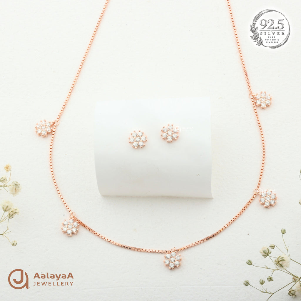 Silver RoseGold Serena Floral Necklace Set