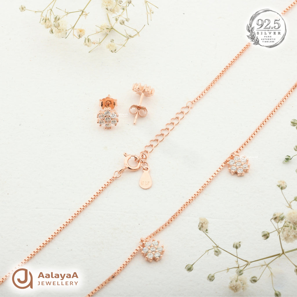 Silver RoseGold Serena Floral Necklace Set