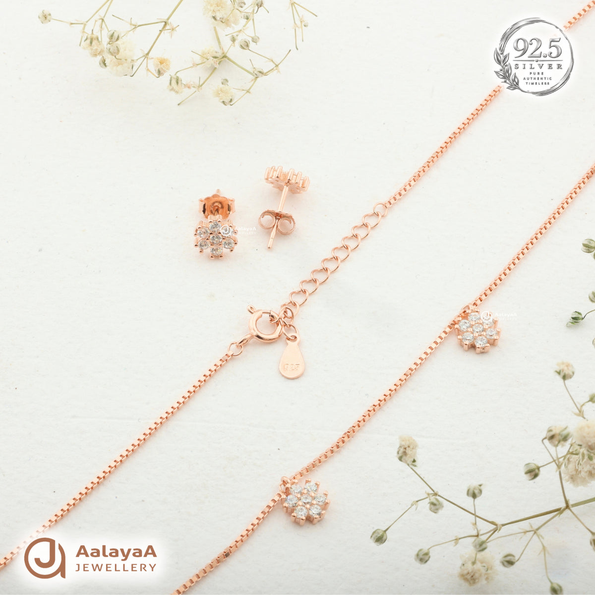 Silver RoseGold Serena Floral Necklace Set