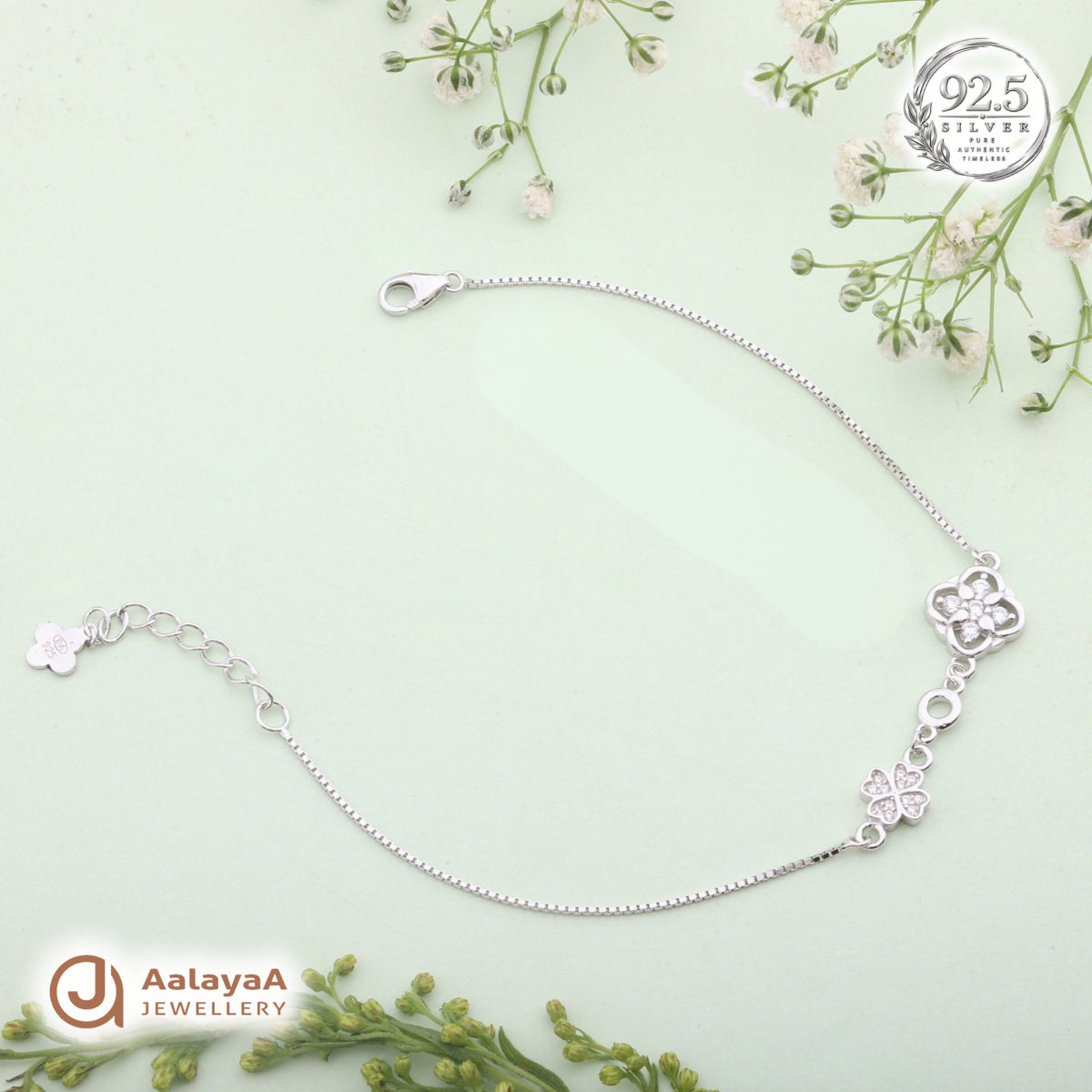 Silver Floral Clover Charm Bracelet