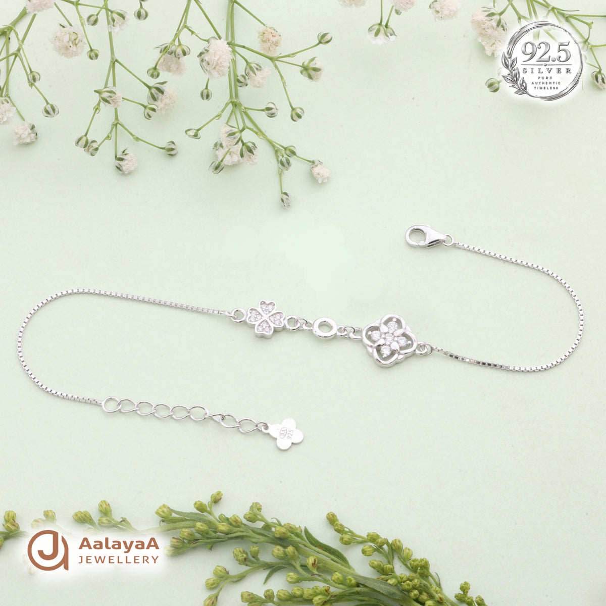 Silver Floral Clover Charm Bracelet