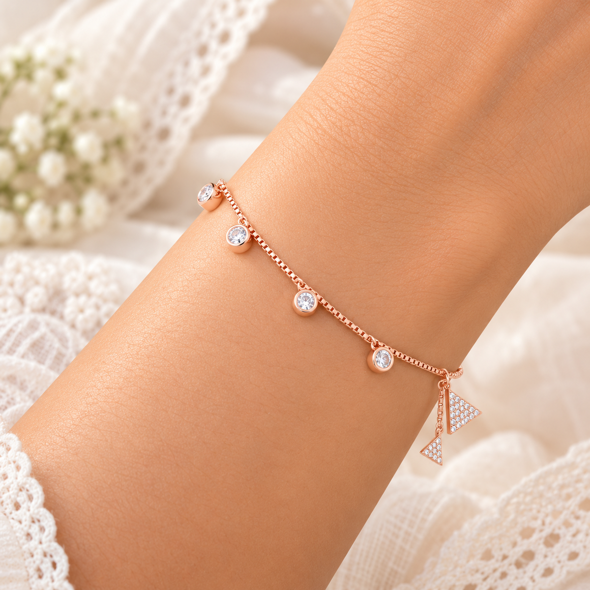 Silver Rosegold Crystal Triangle Charm Bracelet