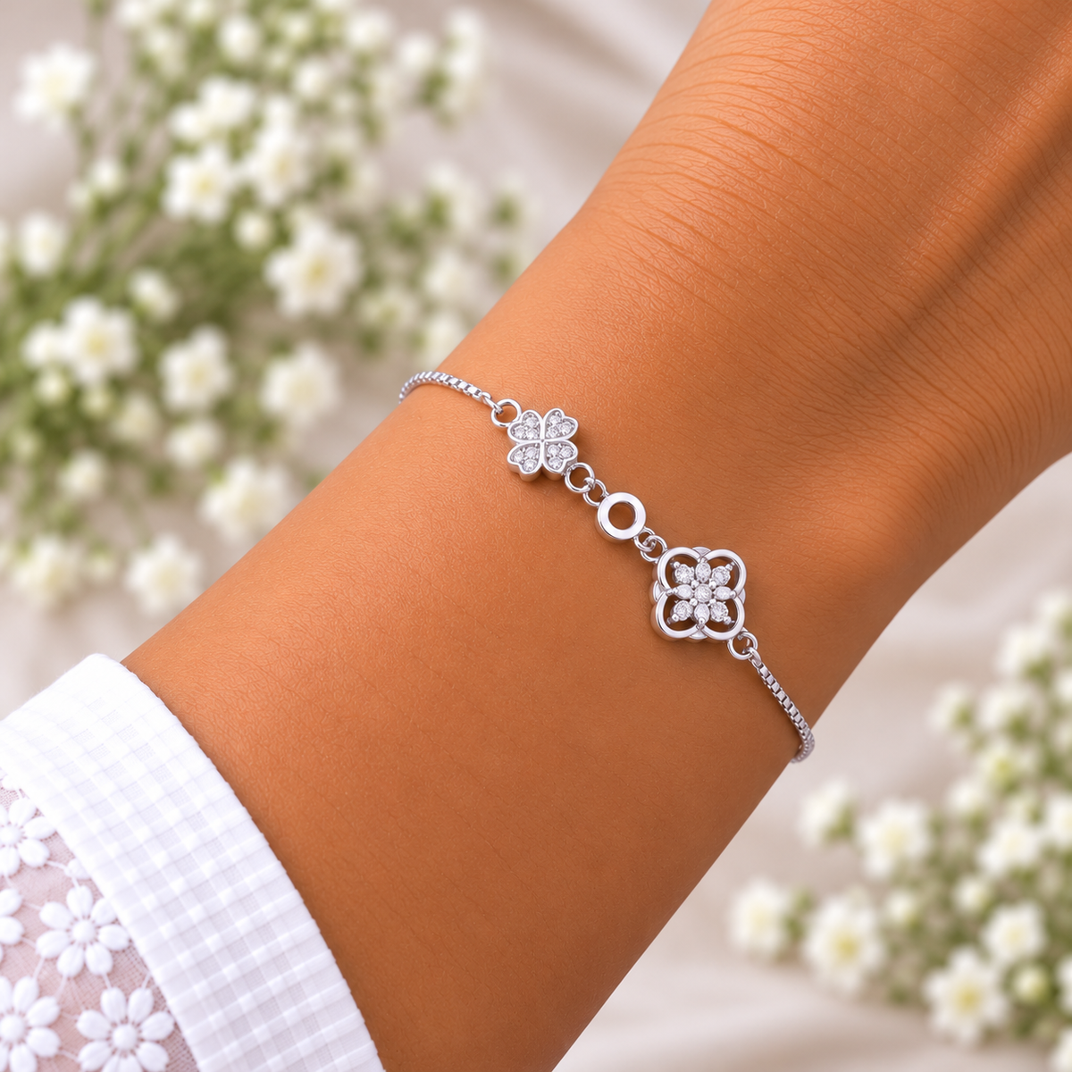 Silver Floral Clover Charm Bracelet