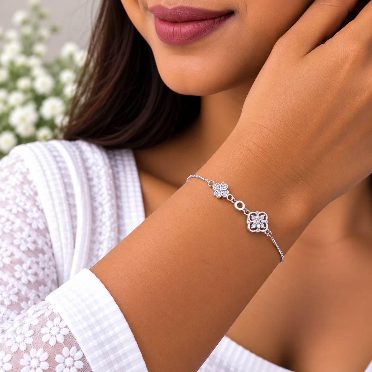 Silver Floral Clover Charm Bracelet