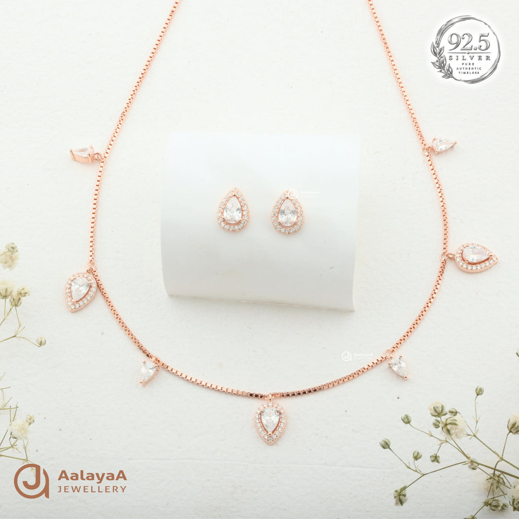 Silver RoseGold Evana Teardrop Necklace Set