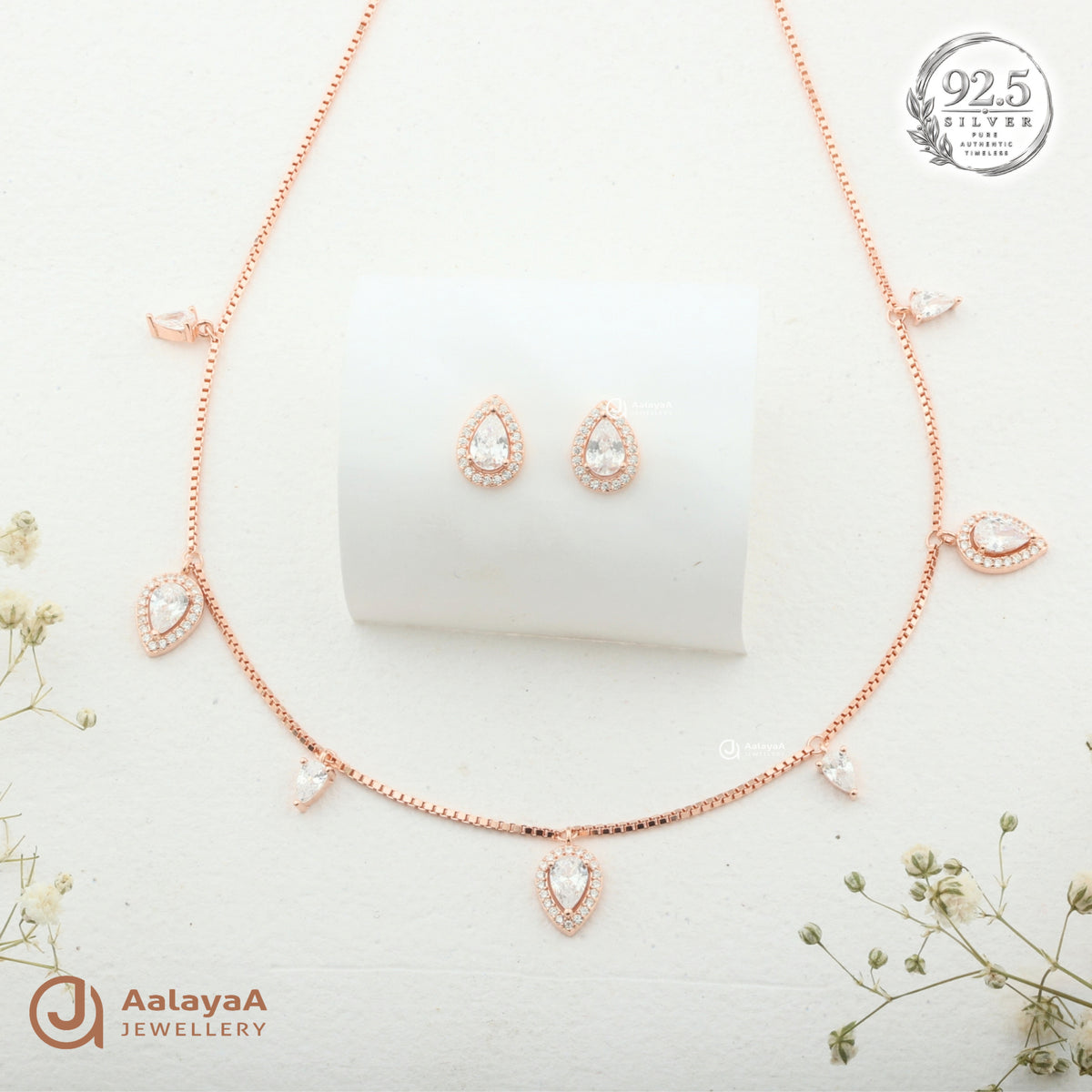 Silver RoseGold Evana Teardrop Necklace Set