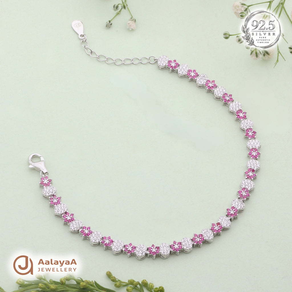 Silver Pink Blossom Tennis Bracelet