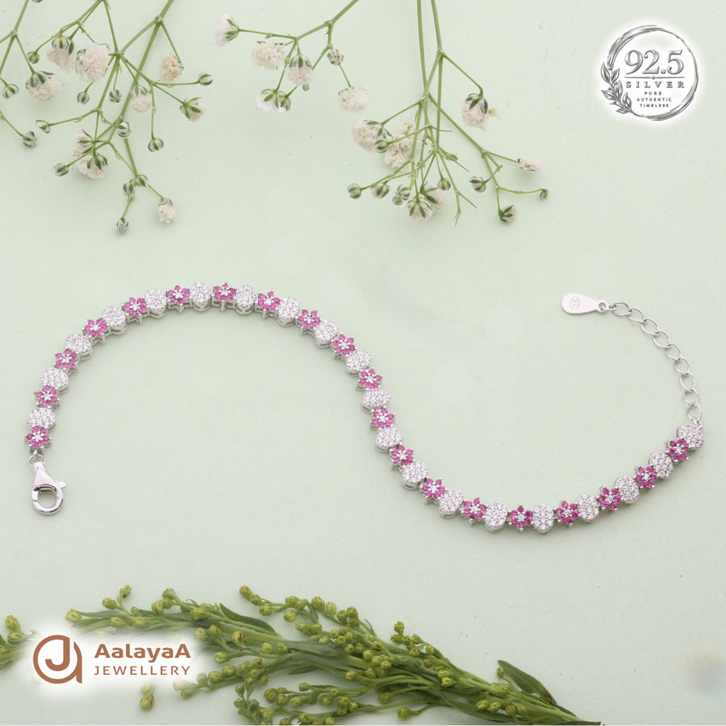 Silver Pink Blossom Tennis Bracelet