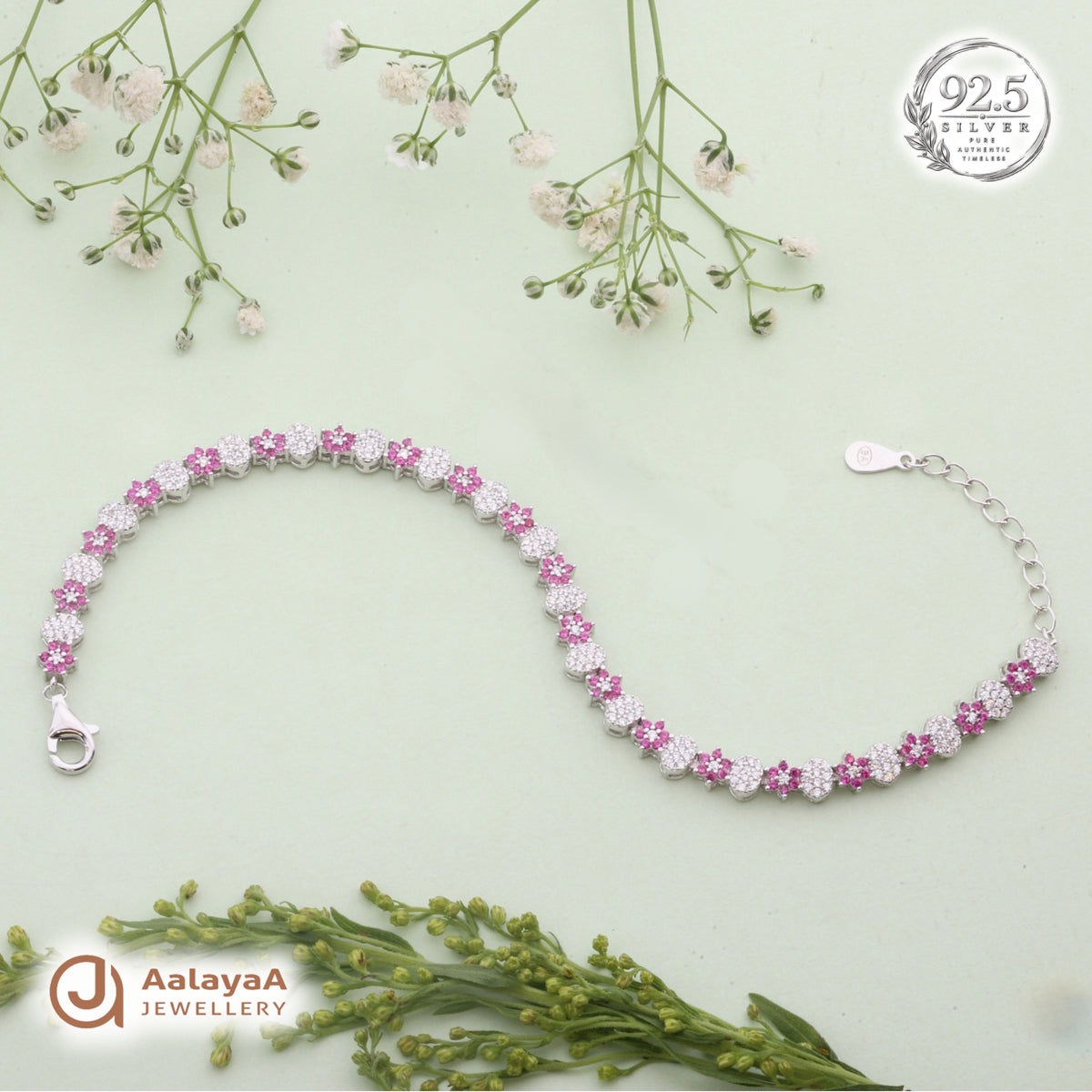 Silver Pink Blossom Tennis Bracelet
