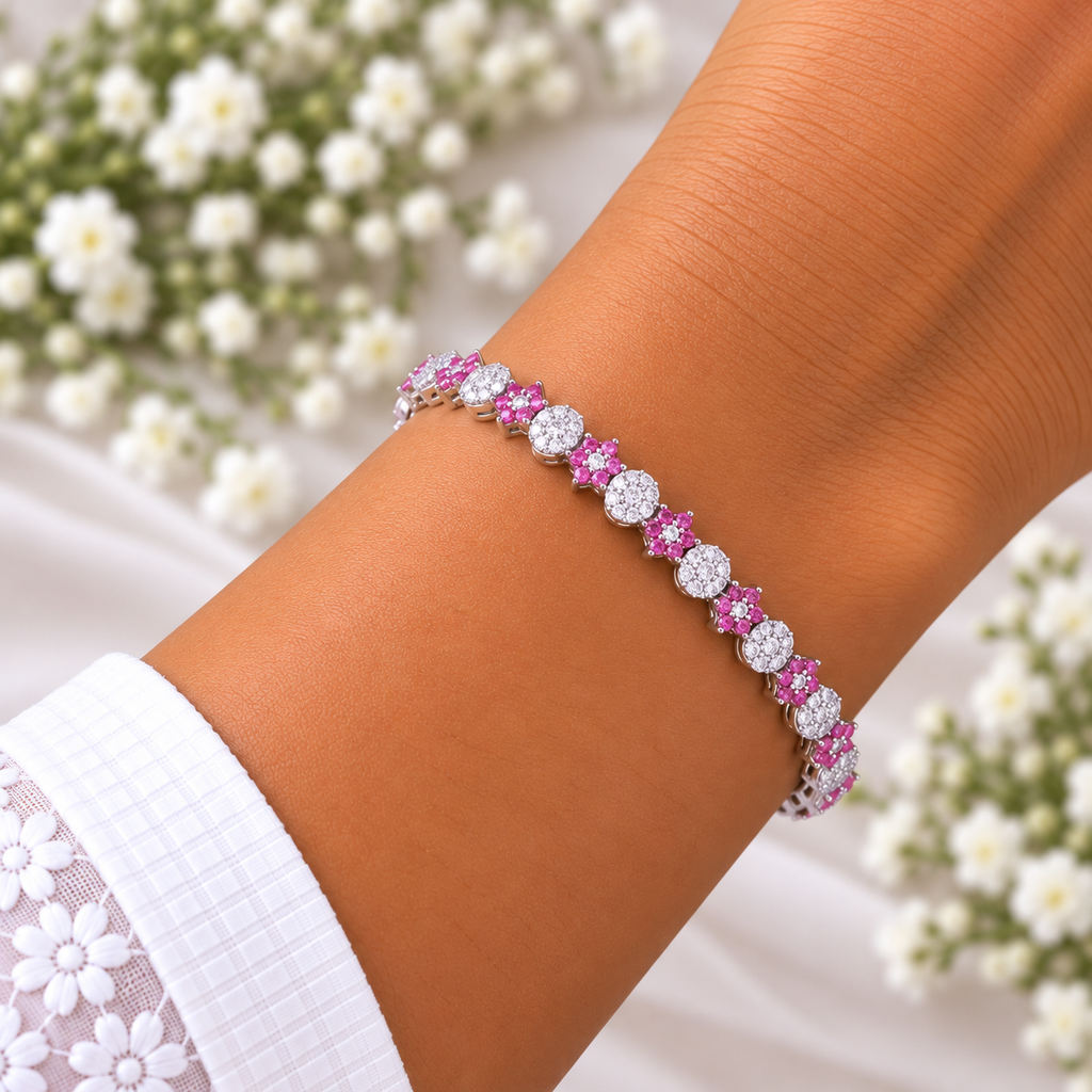 Silver Pink Blossom Tennis Bracelet
