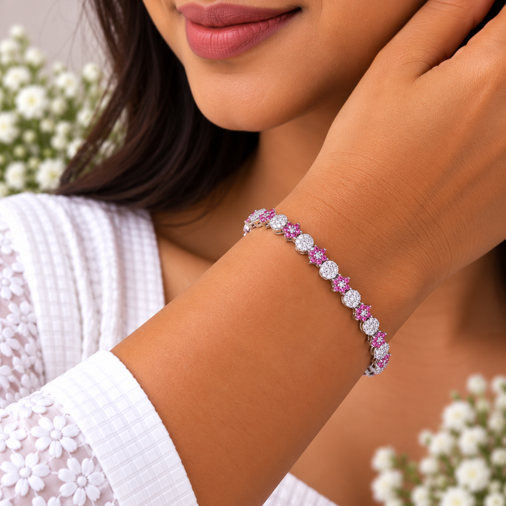 Silver Pink Blossom Tennis Bracelet