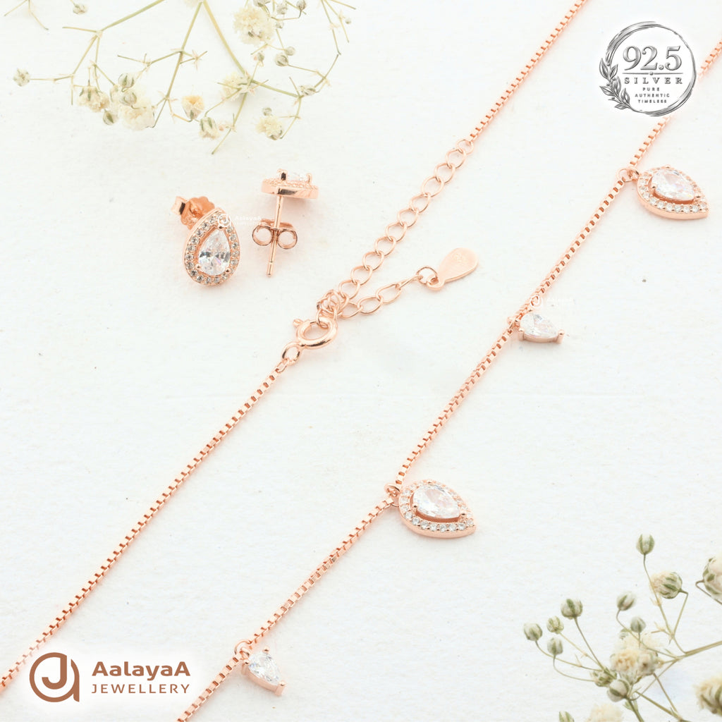 Silver RoseGold Evana Teardrop Necklace Set