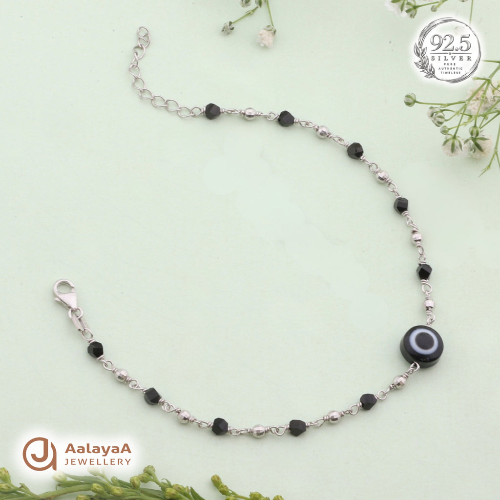 Silver Black Evil Eye Beaded Bracelet