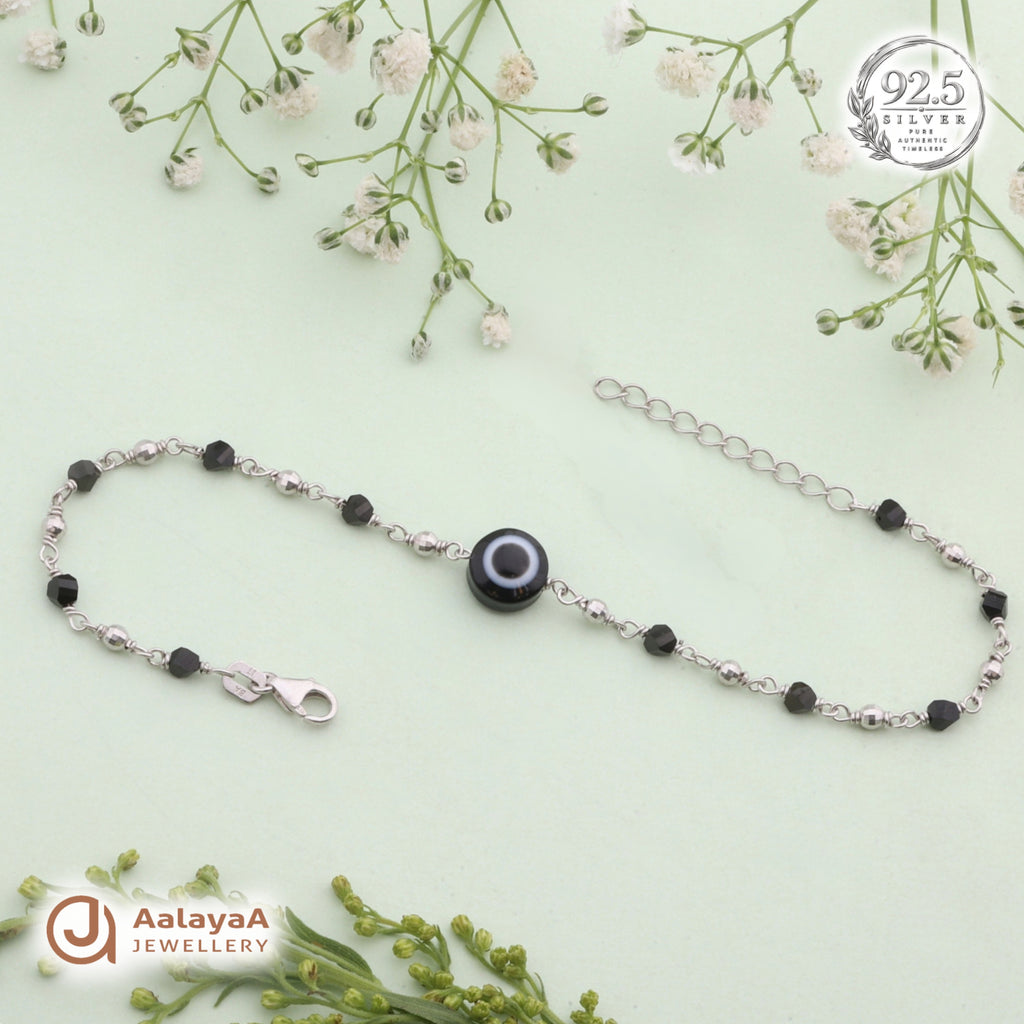 Silver Black Evil Eye Beaded Bracelet