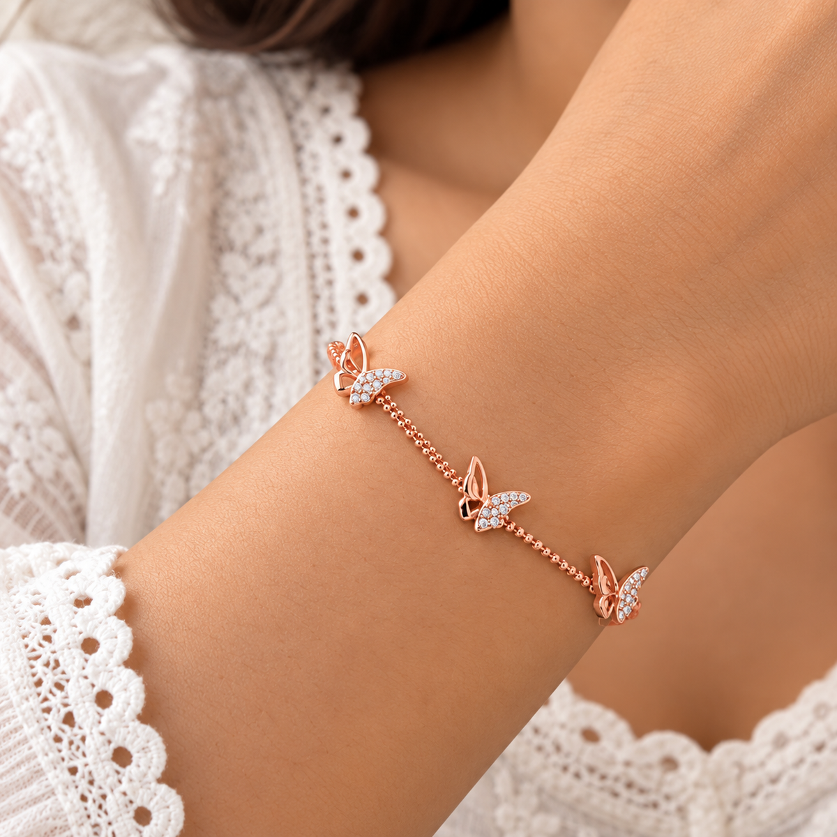 Silver Rosegold Butterfly Trio Bracelet