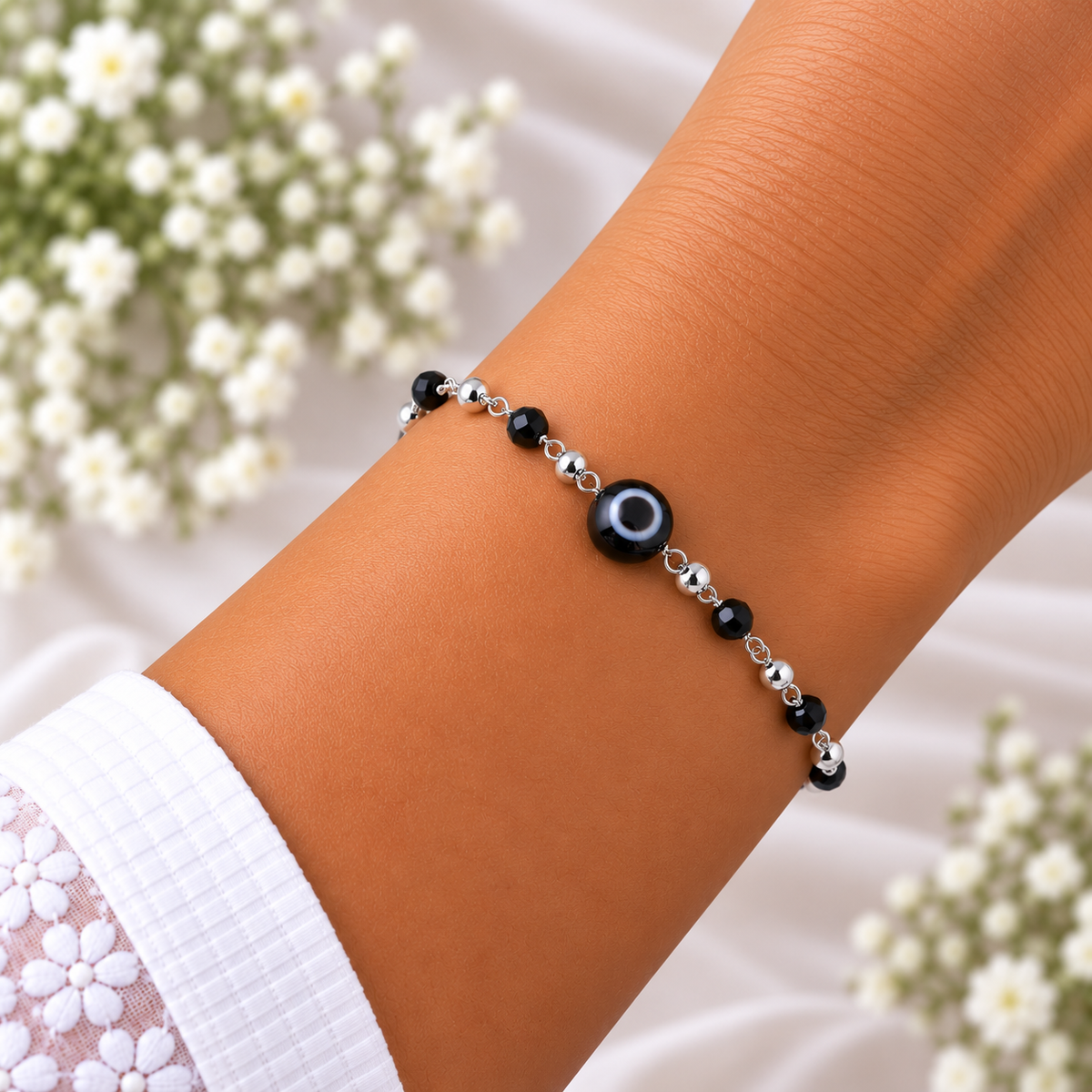 Silver Black Evil Eye Beaded Bracelet