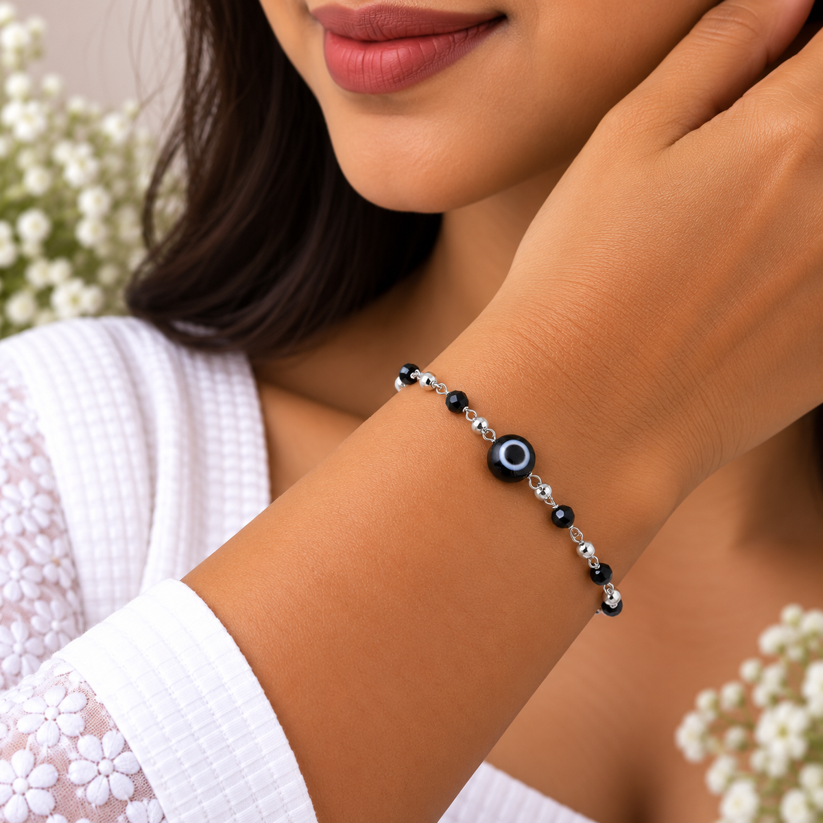Silver Black Evil Eye Beaded Bracelet