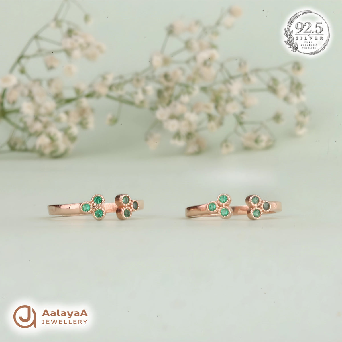 Silver Rosegold Emerald Trio Toe Ring