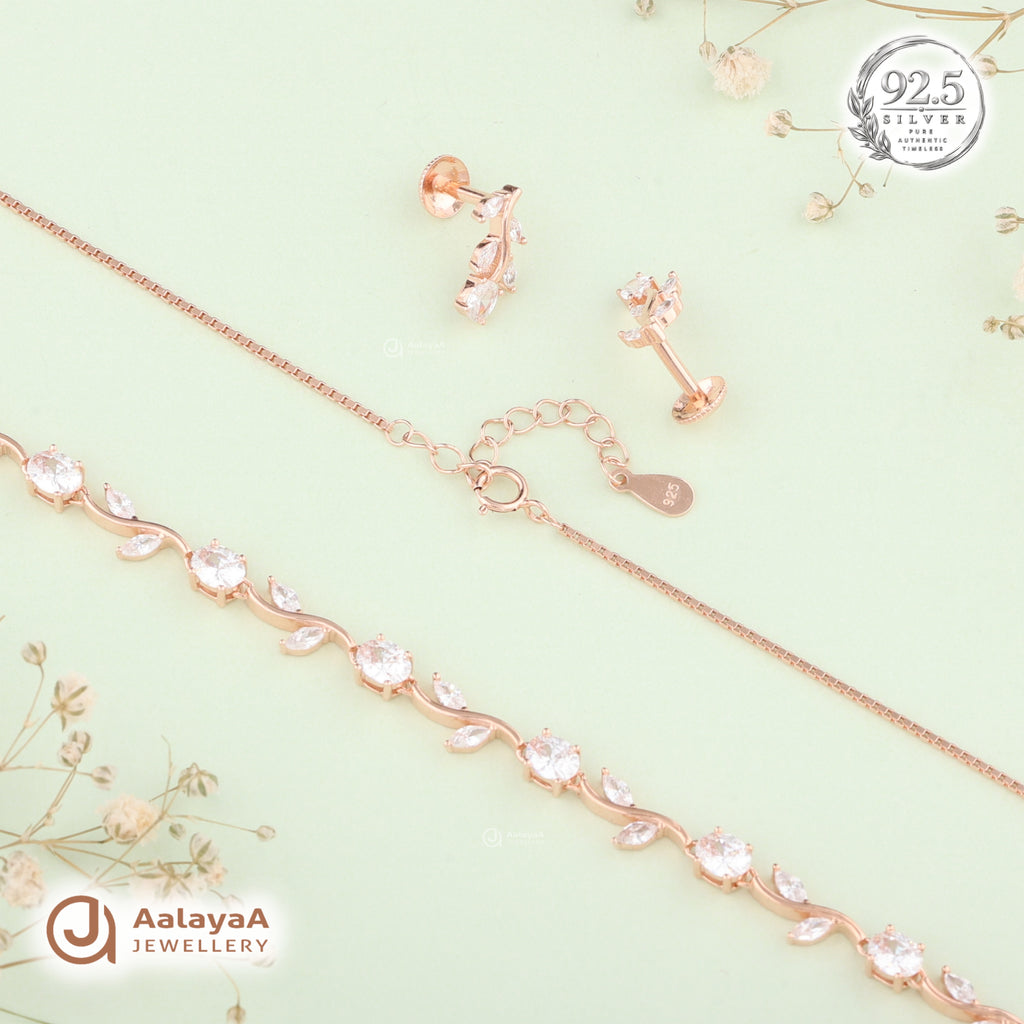 Silver Rose Gold Vinesha Leaf Necklace Set