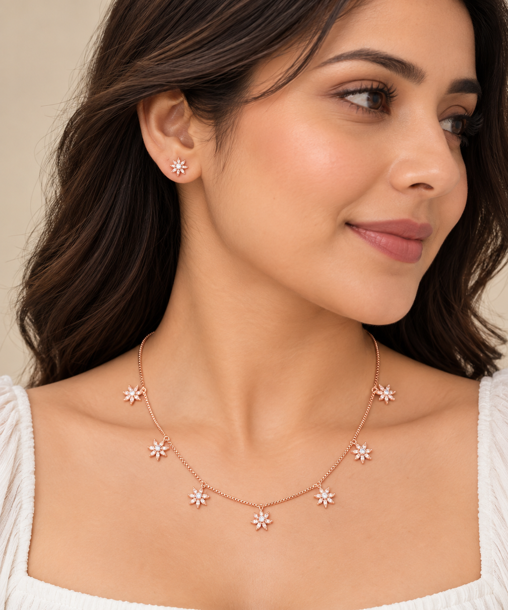 Silver Rosegold Starlight Bloom Necklace Set