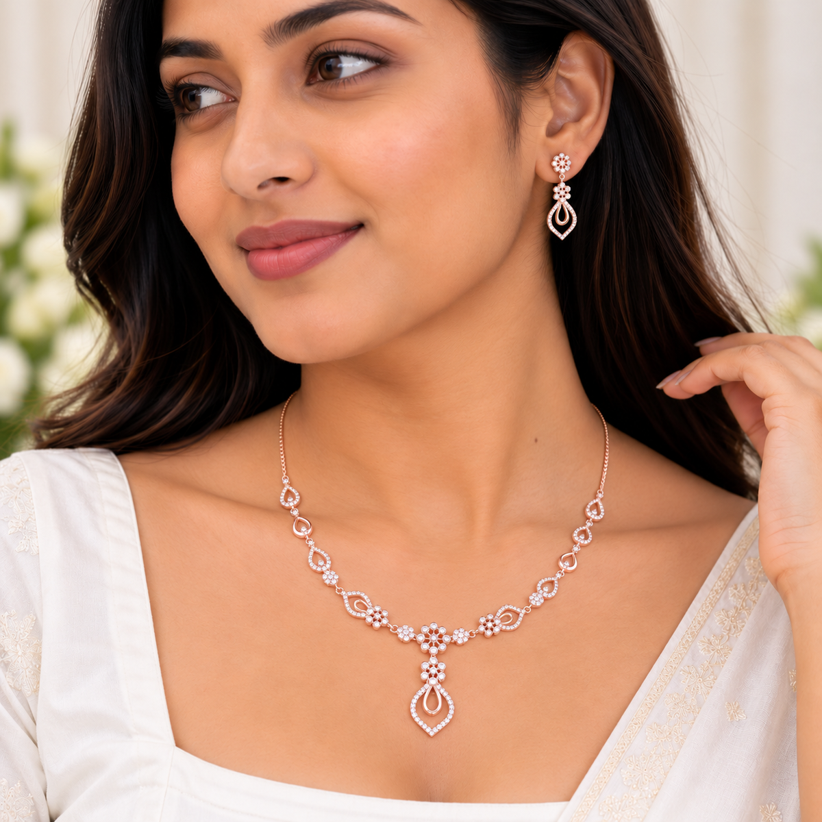 Silver Rose Gold Celestia Floral Necklace Set
